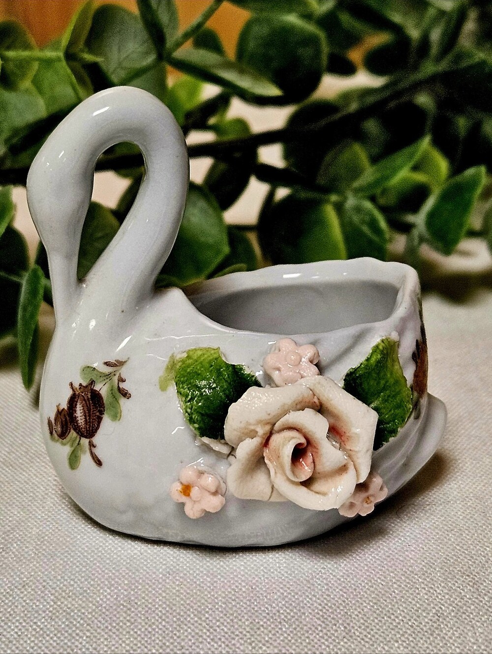 Vintage Ceramic Swan Dish Applied Flowers Germany White Floral  2” Miniature